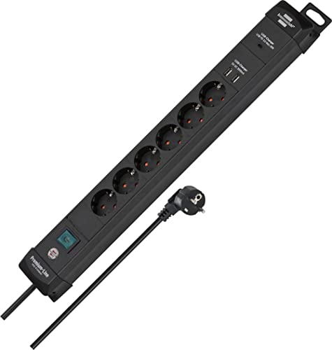 Brennenstuhl Premium-Line Steckdosenleiste 6-fach mit USB C Power Delivery (Mehrfachsteckdose mit 3m Kabel und Schalter, mit Aufhänge-Vorrichtung, 2x USB 3,1 A, Made in Germany) schwarz von Brennenstuhl