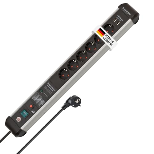 Brennenstuhl Premium-Protect-Line Steckdosenleiste 6-Fach mit USB und Überspannungsschutz (Mehrfachsteckdose mit Schalter, 3m Kabel und 2-Fach USB 3,1 A, Made in Germany) Silber/schwarz von Brennenstuhl