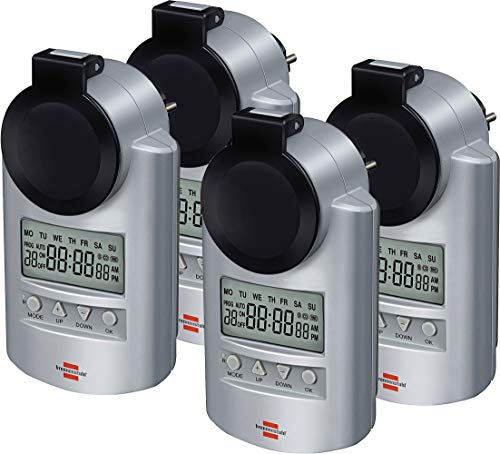 Brennenstuhl Primera-Line Zeitschaltuhr DT IP44, digitale Timer-Steckdose (Wochen-Zeitschaltuhr, IP44 Schutz & Kindersicherung) Farbe: silber (4er Pack) von Brennenstuhl