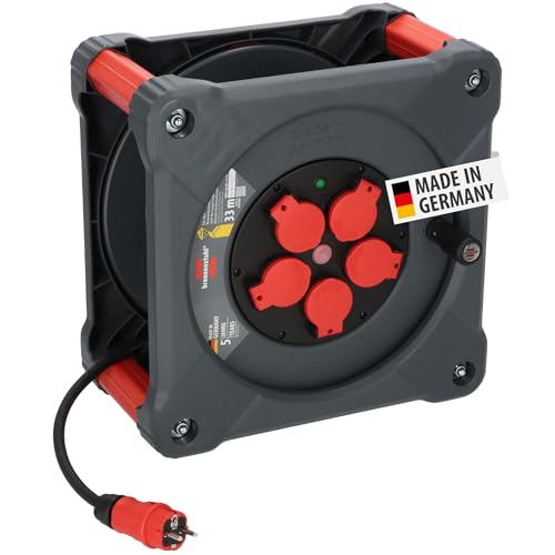 Brennenstuhl Professional Baustellen-Kabeltrommel KA 3200 5 IP44 (33m H07RN-F 3G2,5 Kabel in schwarz, 5 Schutzkontakt-Steckdosen, Baustelleneinsatz und ständiger Einsatz im Freien, Made in Germany) von Brennenstuhl