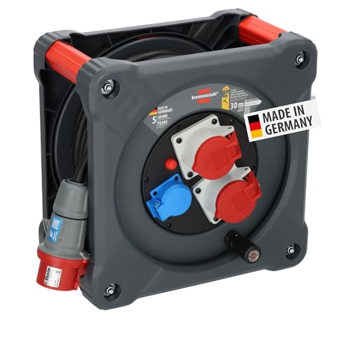 Brennenstuhl Professional Baustellen-Kabeltrommel KD 3200 C7 mit CEE-Stecker, 2 CEE-Steckdosen und 1 Schutzkontakt-Steckdose (30m Kabel in schwarz, ständiger Einsatz im Freien, Made in Germany) von Brennenstuhl