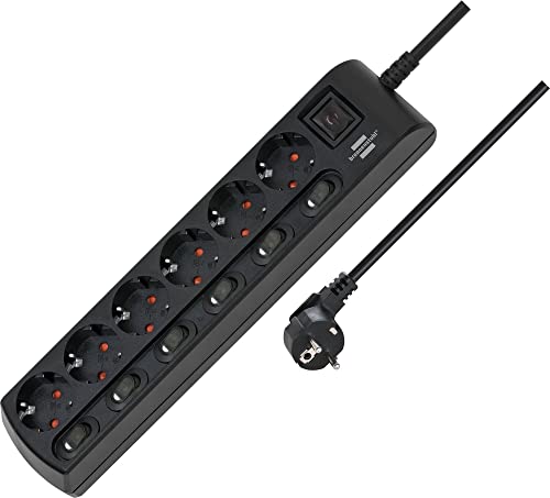 Brennenstuhl Steckdosenleiste einzeln schaltbar 6-fach mit 2-poligen Schaltern (Steckerleiste mit 1x Hauptschalter und 6x Geräteschalter, Mehrfachsteckdose 2m Kabel, erhöhter Berührungsschutz) schwarz von Brennenstuhl