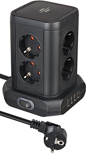Brennenstuhl Steckdosenturm 8-Fach mit USB (Steckdosenblock 8-Fach mit 4X USB, Steckdosen in 45°-Anordnung, 2m Kabel) schwarz von Brennenstuhl