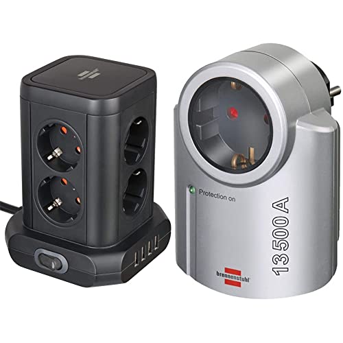 Brennenstuhl Steckdosenturm 8-Fach mit USB (4X USB, zweipoliger EIN-/Aus-Schalter, 2m Kabel) schwarz & Primera-Line, Steckdosenadapter mit Überspannungsschutz, Silber/schwarz von Brennenstuhl