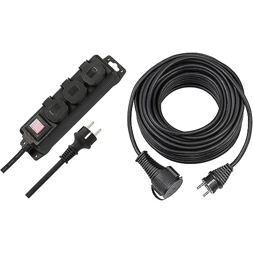 Brennenstuhl Steckdosenverteiler IP44 3-Fach & Qualitäts-Gummi-Verlängerungskabel (5m Kabel, für den kurzfristigen Einsatz im Außenbereich IP44) schwarz von Brennenstuhl