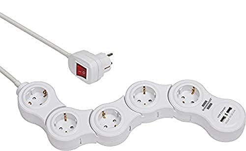 Brennenstuhl Vario Power Steckdosenleiste mit USB-Ladefunktion/Bewegliche Steckdosenleiste 5-Fach (1,4m Kabel, mit Schalter und 2 USB Ladebuchsen) weiß von Brennenstuhl