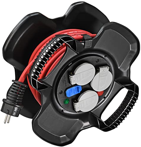 Brennenstuhl X-GUM Kompakter Kabeltrommel IP44 mit 3 Klappsteckdosen und Spannungsanzeige, 2x USB (10m H07RN-F 3G1,5, Made in France) schwarz/rot von Brennenstuhl