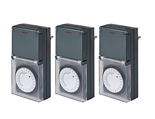 Brennenstuhl Zeitschaltuhr MZ 44, mechanische Timer-Steckdose (Tages-Zeitschaltuhr, IP44 geschützt, mit erhöhtem Berührungsschutz & Schutzabdeckung) schwarz (Zeitschaltuhr 3 Stück) von Brennenstuhl