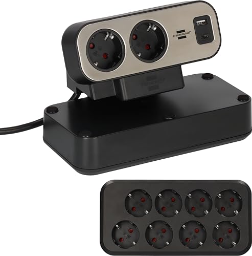 Brennenstuhl Estilo Duplex Tischsteckdosenleiste mit Schalter (Steckdosenleiste mit USB C Power Delivery, 1x USB C und 1x USB A, 10x Schutzkontakt-Steckdosen, 2m) Silber/schwarz von Brennenstuhl