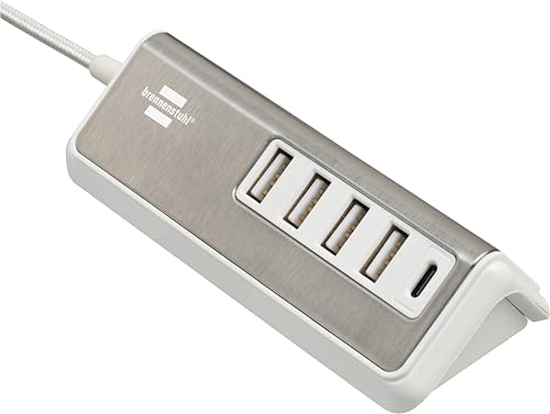 brennenstuhl®Estilo USB Ladegerät mit Schnellladefunktion/Mehrfach USB Ladestation mit Edelstahloberfläche und 1,5m Textil-Kabel (1x USB C Power Delivery und 4X USB-Ladebuchse) von Brennenstuhl