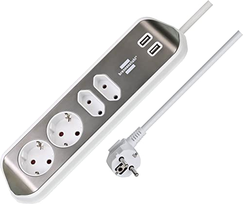 brennenstuhl Estilo Ecksteckdosenleiste 4-Fach (Tischsteckdose mit Edelstahloberfläche, Ecksteckdose mit 2X Schutzkontakt-Steckdosen, 2X Euro-Steckdosen, inkl. USB-Ladefunktion) Silber/weiß von Brennenstuhl