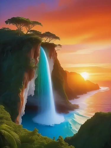 Brennora Vorgedruckt Kreuzstich Set Sonnenuntergang-Wasserfall 11CT Stickerei Leinwand kit DIY Kunst für Anfänger Kinder Heimdekoration 40x50 cm von Brennora