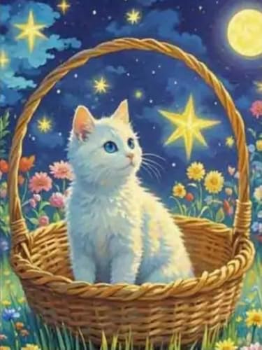 Brennora Vorgedruckt Kreuzstich Set Sternenhimmelkatze 11CT Stickerei Leinwand kit DIY Kunst für Anfänger Kinder Heimdekoration 40x50 cm von Brennora