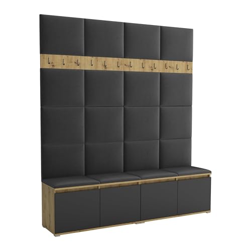 Brent - Garderobenschrank Flur Artisan Eiche Schwarz mit sitzbank 200 cm Breit Luton 2 - Multifunktionale Flurgarderobe Set mit Stauraum und Wandpaneel, Garderobe mit Sitzfläche und Kleiderhaken Brent - Garderobenschrank Flur Artisan Eiche Schwarz mit sitzbank 200 cm Breit Luton 2 - Multifunktionale Flurgarderobe Set mit Stauraum und Wandpaneel, Garderobe mit Sitzfläche und Kleiderhaken von Brent