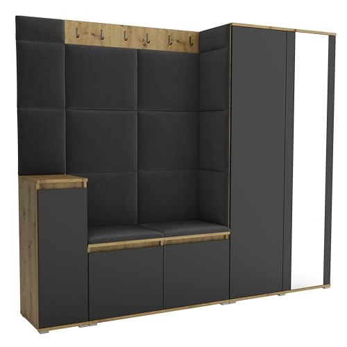 Brent - Garderobenschrank Flur Artisan Eiche Schwarz mit sitzbank 220 cm Breit Luton 8 - Multifunktionale Flurgarderobe Set mit Stauraum und Wandpaneel, Garderobe mit Sitzfläche und Kleiderhaken von Brent