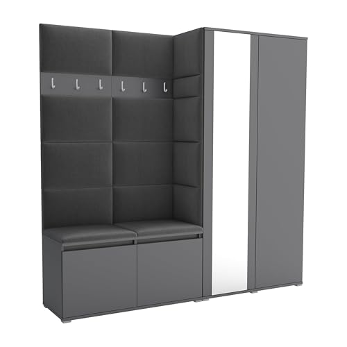 Brent - Flurgarderobe Luton 4, Garderobe Set: Schuhbank mit Sitzfläche, Garderobenpaneel, Garderobe mit Spiegel, Flur Möbel, Grau + Polsterpaneele in Grau Brent - Flurgarderobe Luton 4, Garderobe Set: Schuhbank mit Sitzfläche, Garderobenpaneel, Garderobe mit Spiegel, Flur Möbel, Grau + Polsterpaneele in Grau von Brent