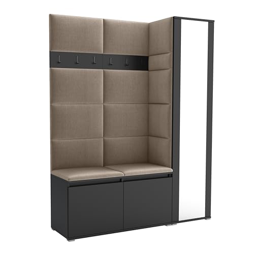 Brent - Garderobenschrank Flur Schwarz mit sitzbank 145 cm Breit Luton 7 - Multifunktionale Flurgarderobe Set mit Stauraum und Wandpaneel, Garderobe mit Sitzfläche und Kleiderhaken von Brent