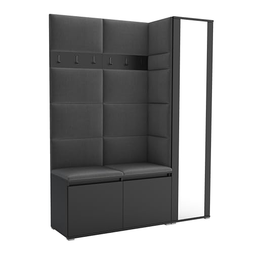 Brent - Garderobenschrank Flur Schwarz mit sitzbank 145 cm Breit Luton 7 - Multifunktionale Flurgarderobe Set mit Stauraum und Wandpaneel, Garderobe mit Sitzfläche und Kleiderhaken von Brent