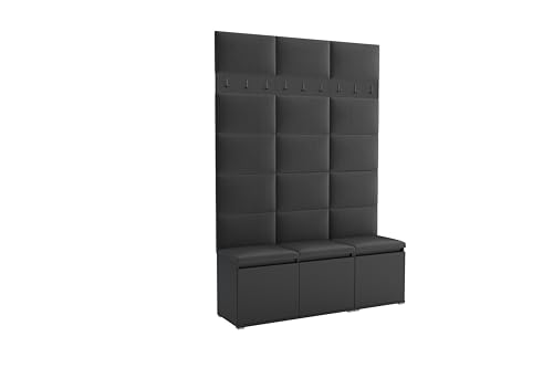 Brent - Garderobenschrank Flur Schwarz mit sitzbank 150 cm Breit Luton 3 - Multifunktionale Flurgarderobe Set mit Stauraum und Wandpaneel, Garderobe mit Sitzfläche und Kleiderhaken von Brent