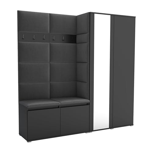Brent - Flurgarderobe Luton 4, Garderobe Set: Schuhbank mit Sitzfläche, Garderobenpaneel, Garderobe mit Spiegel, Flur Möbel, Schwarz + Polsterpaneele in Grau von Brent