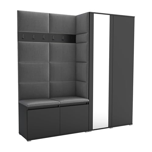 Brent - Garderobenschrank Flur Schwarz mit sitzbank 190 cm Breit Luton 4 - Multifunktionale Flurgarderobe Set mit Stauraum und Wandpaneel, Garderobe mit Sitzfläche und Kleiderhaken Brent - Garderobenschrank Flur Schwarz mit sitzbank 190 cm Breit Luton 4 - Multifunktionale Flurgarderobe Set mit Stauraum und Wandpaneel, Garderobe mit Sitzfläche und Kleiderhaken von Brent