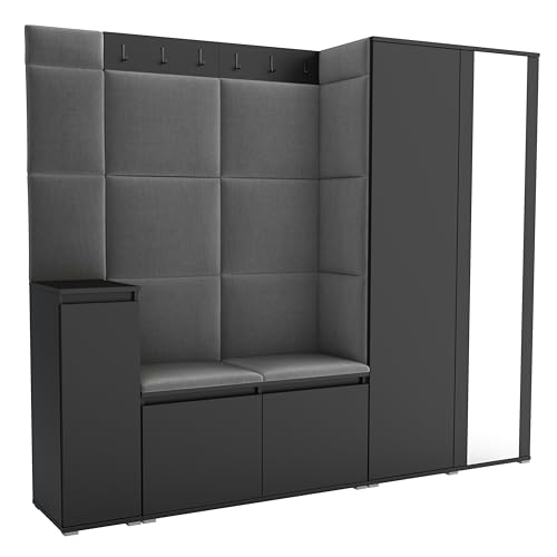 Brent - Garderobenschrank Flur Schwarz mit sitzbank 220 cm Breit Luton 8 - Multifunktionale Flurgarderobe Set mit Stauraum und Wandpaneel, Garderobe mit Sitzfläche und Kleiderhaken von Brent