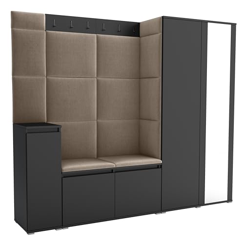 Brent - Garderobenschrank Flur Schwarz mit sitzbank 220 cm Breit Luton 8 - Multifunktionale Flurgarderobe Set mit Stauraum und Wandpaneel, Garderobe mit Sitzfläche und Kleiderhaken von Brent