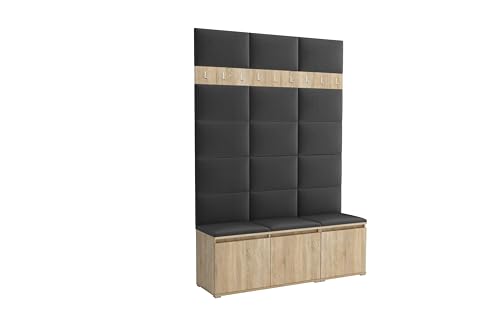 Brent - Garderobenschrank Flur Sonoma Eiche mit sitzbank 150 cm Breit Luton 3 - Multifunktionale Flurgarderobe Set mit Stauraum und Wandpaneel, Garderobe mit Sitzfläche und Kleiderhaken von Brent
