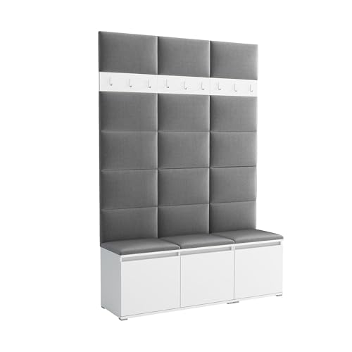 Brent - Garderobenschrank Flur Weiß mit sitzbank 150 cm Breit Luton 3 - Multifunktionale Flurgarderobe Set mit Stauraum und Wandpaneel, Garderobe mit Sitzfläche und Kleiderhaken von Brent