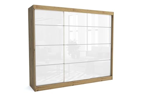 Brent - Kleiderschrank mit Schiebetüren July, 250cm Breit, Schlafzimmerschrank mit 1 Kleiderstange und Einlegeböden für Kleidung, Kleiderschrank Artisan Eiche/Weiß Hochglanz von Brent