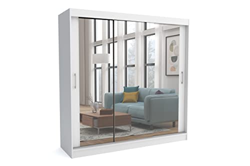 Brent - Kleiderschrank mit Schiebetüren Windsor David I 200x200x60 cm I mit Spiegel, Stangen und Einlegeböden für Kleidung I Laminierte Spanplatte I Aluminiumschienen I Weiß von Brent