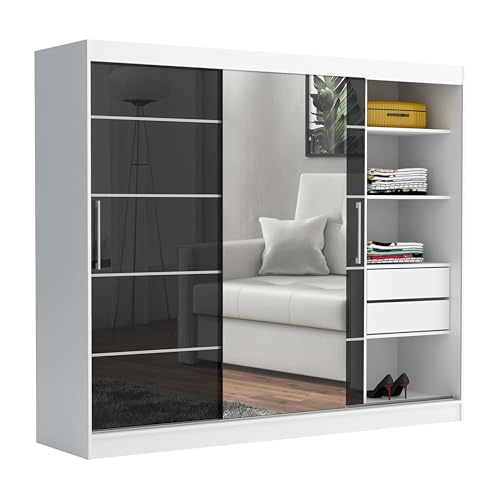 Brent - Kleiderschrank mit Spiegel und Schubladen 235cm Breit Chelsea Tomy, Schwebetürenschrank mit Spiegelr, Schlafzimmerschrank, Kleiderschrank Weiß Matt/Schwarz Hochglanz von Brent