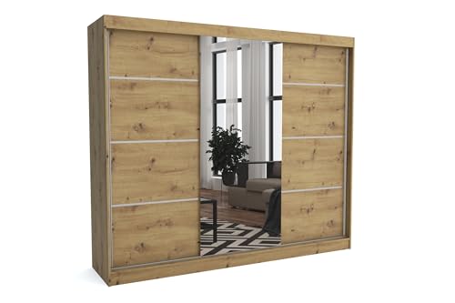 Brent - Kleiderschrank mit Spiegel Tom, 250cm Breit, Schlafzimmerschrank mit 1 Kleiderstange und Einlegeböden für Kleidung, Kleiderschrank Artisan Eiche von Brent