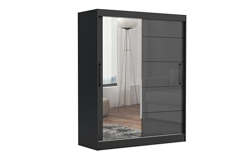 Brent - Kleiderschrank mit Spiegel und Schubladen 160cm Breit Chelsea Tomy, Schwebetürenschrank mit Spiegel, Schlafzimmerschrank, Kleiderschrank Schwarz Matt/Anthrazit Hochglanz von Brent