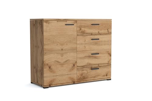 Brent - Kommode mit 4 Schubladen und 1 Turen 100 cm Breit Brixton, Sideboard für Wohnzimmer oder Schlafzimmer, Komodenschrank, Kommode Wotan Eiche von Brent