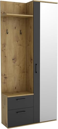 Garderobenschrank Flur 90 cm Breit Watford, Flurgarderoben Set mit Spiegel, Schuhschrank und Regalen, Vorzimmer Flur Möbel - Schwarz/Artisan Eiche von Brent