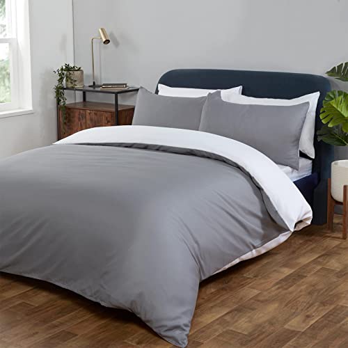 Brentfords Bettwäsche-Set für Einzelbett, einfarbig, wendbar, Bettbezug mit Kissenbezug, Grau/Weiß von Brentfords