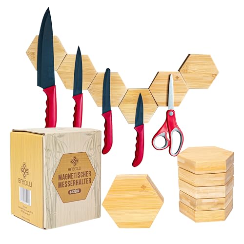 Magnetleiste Selbstklebend – 6 x Bambus-Holz-Hexplatten | Messerhalter magnetisch ohne Bohren – Ideal für mittelgroße Messer – Sechseck Messer Magnetleiste von BREOLLI von Breolli