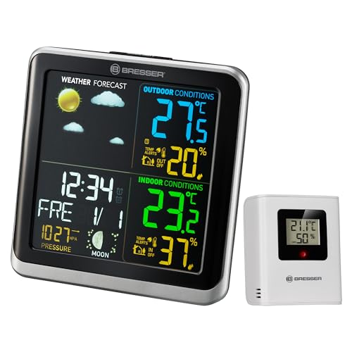 Bresser 7007201 Wetterstation Funk mit Außensensor ClimaTemp TB Wetterstation mit LCD Farbdisplay und zwei Weckzeiten, Schwarz/Grau von Bresser