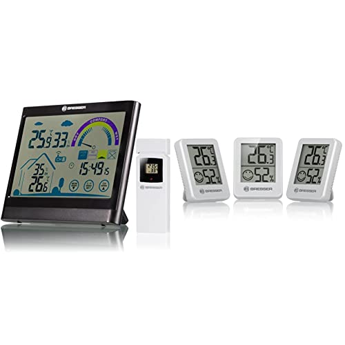 Bresser 7007402 Touchscreen Wetterstation Funk- Thermo-/Hygrometer mit Lüftungsempfehlung, Schwarz & Thermometer Hygrometer Temeo Hygro Indicator 3er-Set zum AufstellenWeiss, 4.5x1.6x5.8 cm, Weiß von Bresser