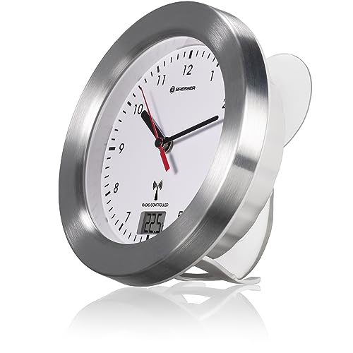 Bresser 8020114 Bad Wanduhr MyTime Bath mit Temperaturanzeige und Funkuhr mit gebürstetem Aluminiumrahmen, Saugnäpfen und Standfuß für Tischmontage, Weiß von Bresser