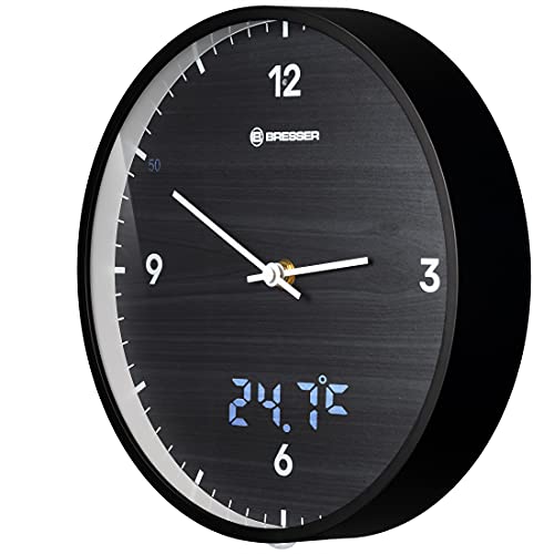 Bresser MyTime Wanduhr mit Funk ohne Tickgeräusche mit 24 cm großem Ziffernblatt, LED Sekundenanzeige, Innentemperatur und geräuschlosem Funkuhrwerk, schwarz von Bresser