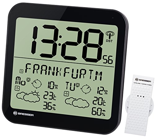 Bresser große LCD Wetterstation Funkuhr Wanduhr mit 4 Tage und Nächte Wettervorhersage und 6cm großen Uhrzeitziffern für Wand und Standmontage inklusive Außensensor, schwarz von Bresser