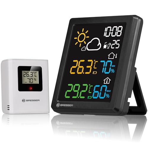 Bresser MeteoCast Pico Farbwetterstation - Thermo-Hygro-Außensensor, Max./Min.-Wertspeicher, DCF-gesteuerte Uhrzeit, Weckfunktion, Farbdisplay und Batteriestandsanzeige, schwarz von Bresser