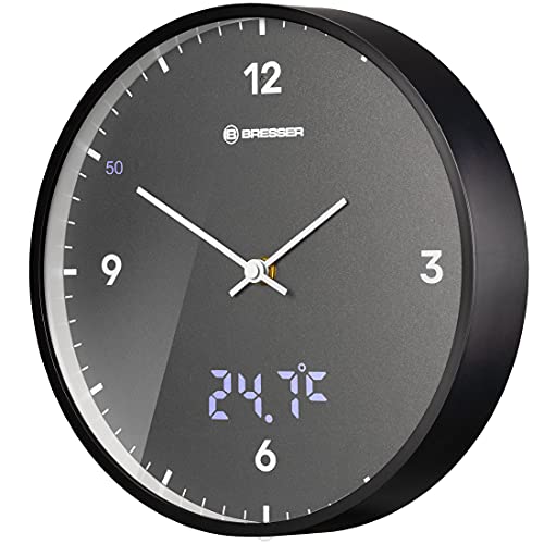 Bresser MyTime Wanduhr mit Funk ohne Tickgeräusche mit 24 cm großem Ziffernblatt, LED Sekundenanzeige, Innentemperatur und geräuschlosem Funkuhrwerk, grau von Bresser