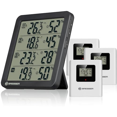 Bresser Quadro NV Thermo-Hygrometer mit 4 Messpunkten, integrierter Sensor und 3 Funksensoren, Smiley-Komfortindikator, Min/Max-Speicher, IP44, schwarz von Bresser