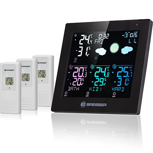 Bresser Quadro Neo C Thermo-Hygrometer mit 3 Außensensoren,12 Stunden Wettervorhersage & Luftdruckmessung, Raumklimakontrolle, Feuchtraumüberwachung, Schimmelprävention von Bresser