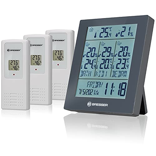 Bresser Wetterstation Funk mit Außensensor Quadro Neo mit Wettervorhersage, Luftdruckmessung, Wecker und 3 Stück Außensensoren für Temperatur und Luftfeuchtigkeit, grau von Bresser