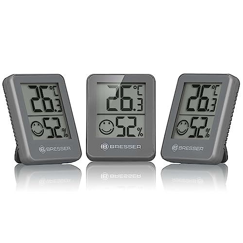Bresser 3er Set Thermometer Hygrometer - Digitales Raumthermometer für Kontrolle Innenraum Luftfeuchtigkeit, Kühlschrankgeeignet, Wandmontage und Magnet, Schimmelvorbeugung - Indikator Smiley, Grau von Bresser