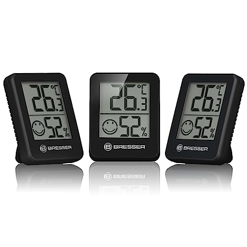 Bresser 3er Set Thermometer Hygrometer - Digitales Raumthermometer für Kontrolle Innenraum Luftfeuchtigkeit, Kühlschrankgeeignet, Wandmontage und Magnet, Schimmelvorbeugung - Indikator Smiley, Schwarz von Bresser